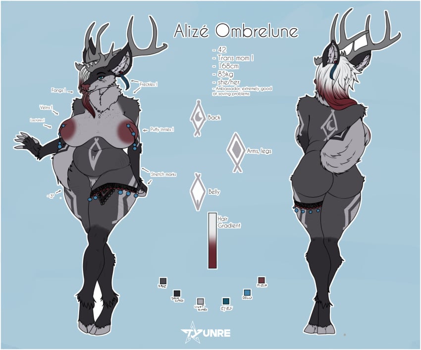 1futa 2021 absurd_res alize_ombrelune anthro antlers areolae ass balls belly belly_markings belly_overhang belly_rolls big_belly black_body black_fur blue_eyes breasts cervid cervine chubby chubby_anthro chubby_gynomorph curvy_figure deep_navel ear_piercing erect_nipples fangs flaccid fluffy fluffy_tail freckles fur fur_markings furry futa_only futa_sans_pussy futanari genitals grey_body grey_fur hair hi_res hooves horn huge_areolae huge_breasts inner_ear_fluff intersex inverted_nipples legband looking_at_viewer maison_ombrelune mammal markings model_sheet multicolored_hair navel neck_tuft nipple_piercing nipples nude overweight overweight_futanari penis piercing pink_nose puffy_areola puffy_nipples red_hair sagging_breasts small_balls small_penis smile smiling_at_viewer solo stretch_marks thick_thighs tuft two_tone_hair tyunre veiny_breasts waving_at_viewer waving_hand white_hair wide_hips