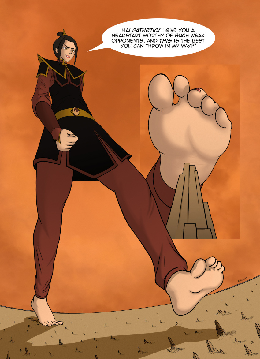 avatar_the_last_airbender azula barefoot clothed clothing comic enticent feet foot_focus giantess speech_bubble stepping