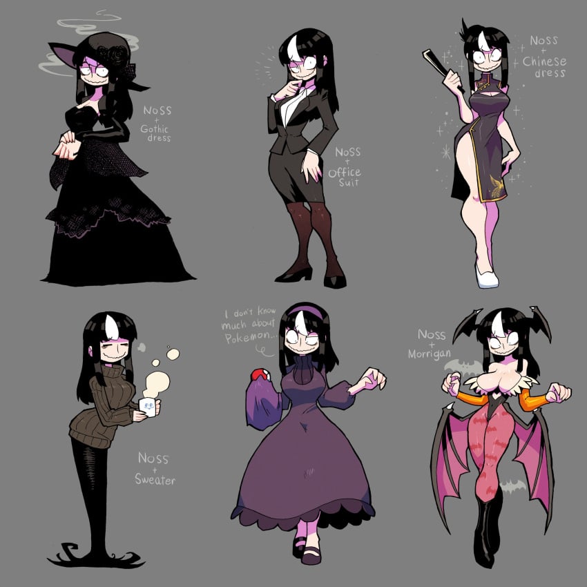 bare_legs black_hair business_suit capcom chinese_clothes clothing cosplay crap-man darkstalkers dress female female_only gothic_fashion hex_maniac_(cosplay) large_breasts long_hair mob_face monster_girl morrigan_aensland_(cosplay) nintendo noss_the_nosferatu_(crap-man) npc_trainer_(cosplay) original pantyhose pokemon pokemon_xy sweater tagme two_tone_hair