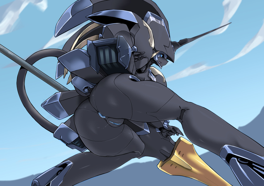 1girls absurdres android anus ass black_sclera black_skin blue_anus blue_eyes blue_pussy blush breasts clitoris darling_in_the_franxx facial_mark female high_resolution highres horn hybrid looking_at_viewer looking_back male open_mouth outdoors pochincoff pussy pussy_juice robot robot_girl sky smile strelizia uncensored weapon