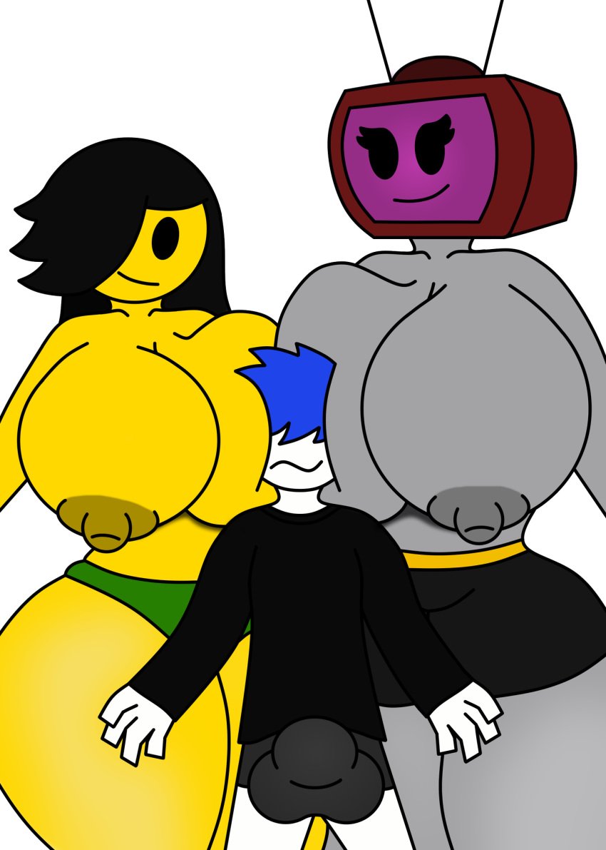 1boy 2girls big_breasts breasts bulge bulge_through_clothing erect_penis erection erection_under_clothes female guest_(roblox) guest_avatar male massive_breasts nipples noobette penis roblox terebision tv