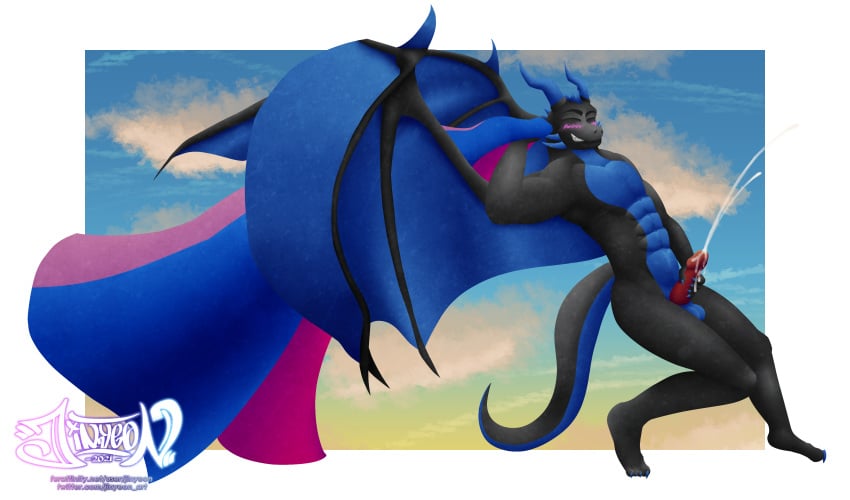 4_toes 5_fingers abs absurd_res alpha_channel anthro balls bhill biceps bisexual_pride_colors black_body black_scales black_wings blue_body blue_claws blue_horn blue_scales blue_wings blush bodily_fluids claws closed_eyes cum cumshot digital_media_(artwork) dragon ejaculation erection eyebrows feet finger_claws fingers flag flexing genital_fluids genitals grin head_horn hi_res holding_flag holding_object holding_penis horn humanoid_genitalia humanoid_penis jinyeon lgbt_pride looking_at_viewer male male_only masturbation membrane_(anatomy) membranous_wings multi_horn multicolored_body multicolored_scales muscular muscular_anthro muscular_male nude pecs penis pride_colors scales scalie sharp_horn simple_background sinuous_horn smile solo spread_wings toe_claws toes triceps two_tone_body two_tone_scales two_tone_wings wing_claws wings