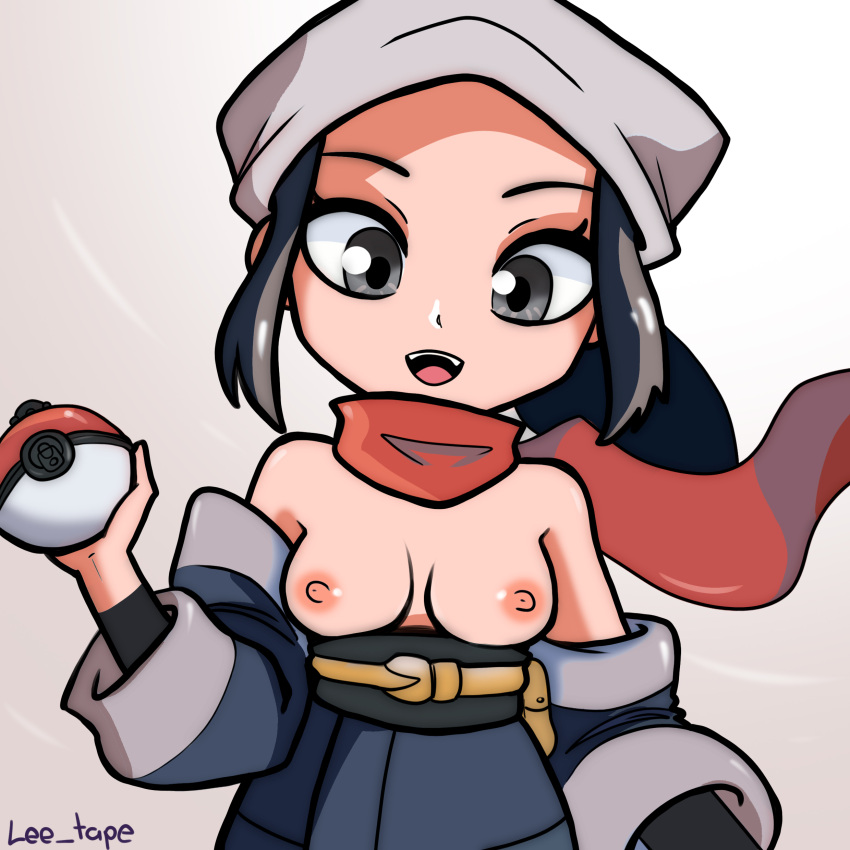 1girls akari_(pokemon) areolae breasts eye_contact female female_protagonist holding_object holding_poke_ball lee_tape long_hair looking_at_viewer nintendo nipples pokemon pokemon_legends:_arceus topless