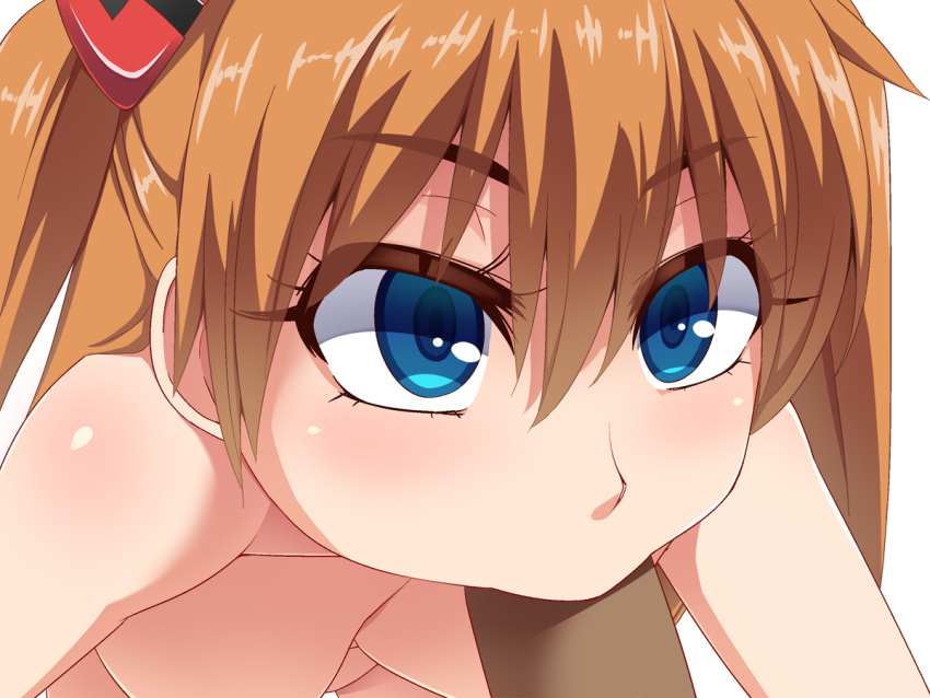 1boy 1girls :&gt;= asuka_langley_sohryu bangs blue_eyes blush completely_nude eye_contact fellatio female female_focus hairbow hayashi_custom neon_genesis_evangelion nude nude_female oral oral_sex orange_hair red_hair small_breasts