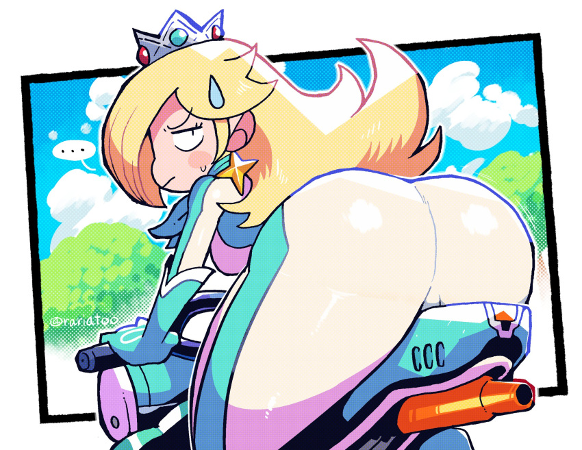 1girls ass ass_focus belt blonde_hair bodysuit clothing crap-man female footwear handwear human jumpsuit looking_at_viewer looking_back mario_(series) mario_kart motorcycle nintendo pale_skin princess_rosalina solo solo_female sweatdrop thick thick_ass tight_clothing twitter_username vehicle