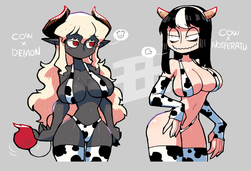 2021 2girls big_breasts bikini black_hair breasts cleavage cow_girl cow_print cow_print_bikini cow_print_thighhighs crap-man demon_girl elbow_gloves female female_only grey_background horns hourglass_figure mob_face monster_girl multiple_girls navel noss_the_nosferatu_(crap-man) original_character pointy_ears red_eyes tail thick_thighs year_of_the_ox yellow_hair