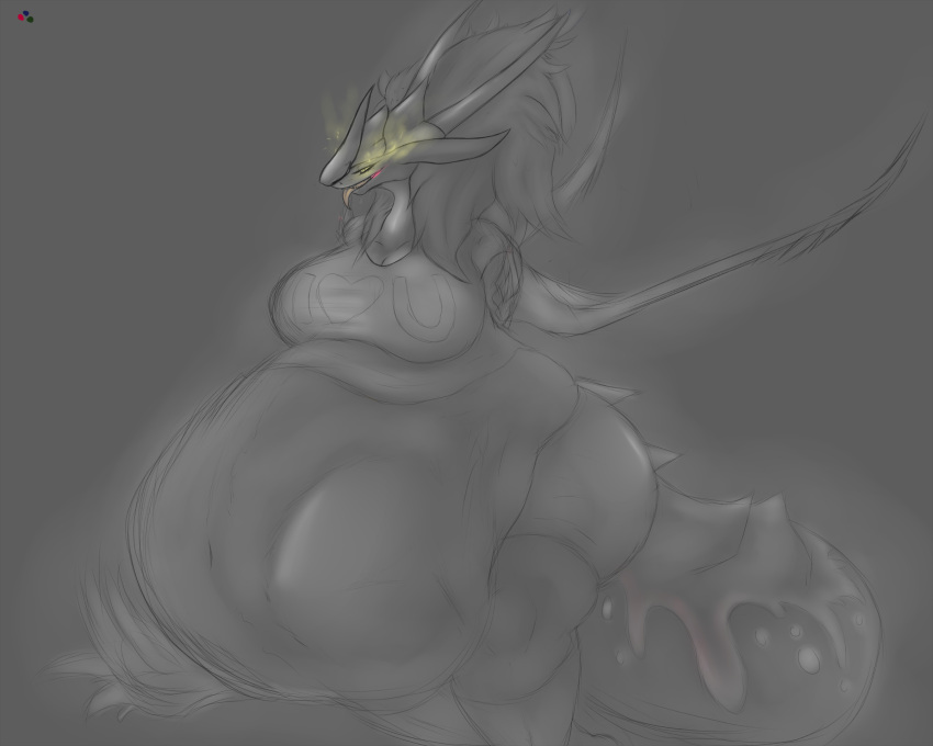 belly big_belly big_breasts breasts clothing dragon dragoness female hair heart horn huge_belly huge_breasts iconmaster khatunlao scales scalie sketch thick_tail thick_thighs vore