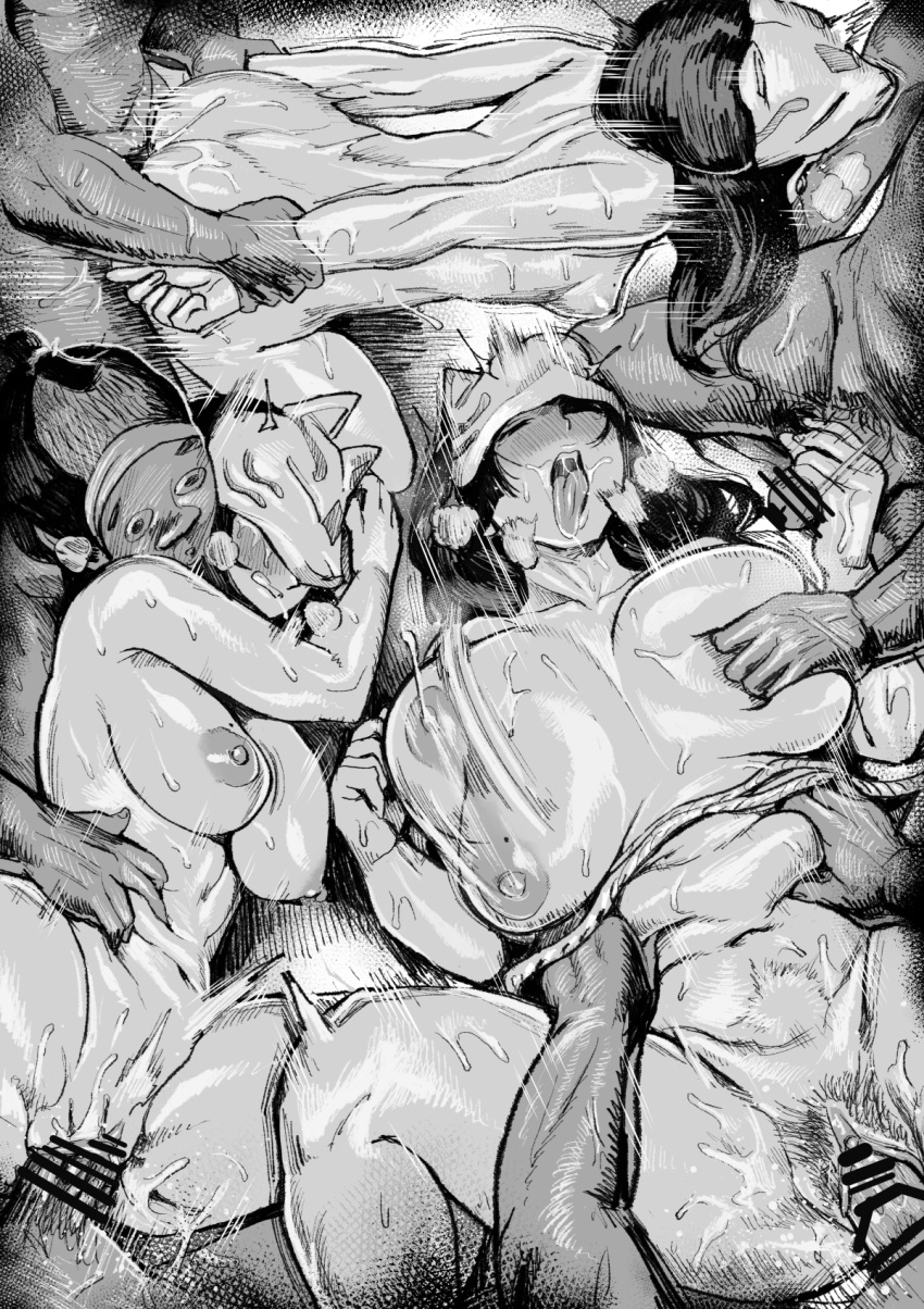 3girls 4boys areolae bangs bar_censor belly belly_grab blush breast_grab breasts breath censored closed_eyes collarbone covered_eyes crying female_pubic_hair gesogeso grabbing greyscale group_sex handjob highres ichiren long_hair mask monochrome multiple_boys multiple_girls multiple_penises nipples noh_mask nude open_mouth orgy original penis pubic_hair pussy rope sex sex_from_behind straight sweat sweating_profusely tagme tongue tongue_out topknot vaginal_penetration wrist_grab