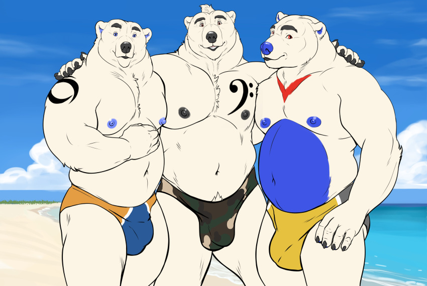 2021 absurd_res anthro arm_around_shoulders barazoku beach belly biped black_body black_fur black_nipples black_nose blue_body blue_eyes blue_fur blue_nipples blue_nose blue_sky body_hair brown_eyes bruteandbrawn bulge chest_hair claws clothed clothing cloud digital_media_(artwork) fur grin group hair hi_res looking_at_viewer male mammal markings monotone_body monotone_fur mostly_nude multicolored_body multicolored_fur musclegut navel nipples overweight overweight_anthro overweight_male pecs polar_bear pubes red_body red_eyes red_fur sand sea seaside sky smile speedo standing swimwear topless two_tone_body two_tone_fur underwear underwear_only ursid ursine water white_body white_fur white_hair