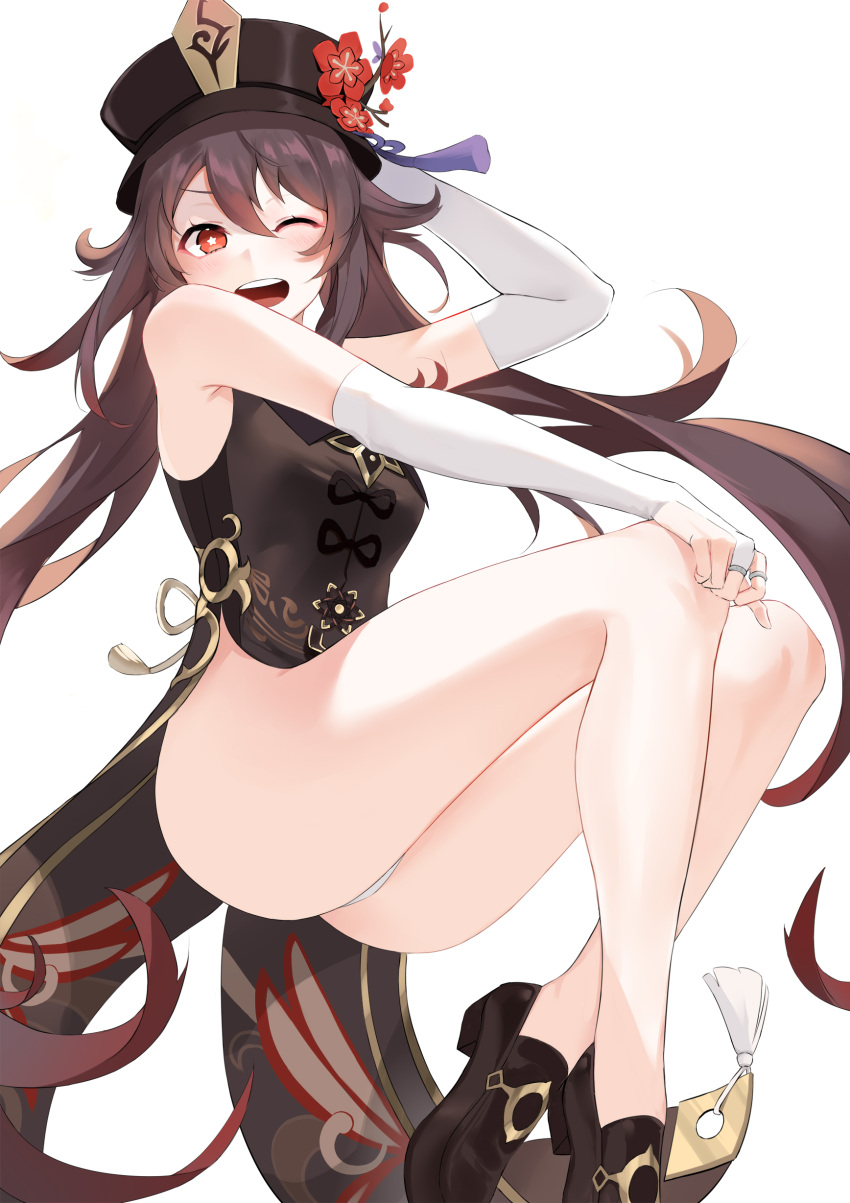 1girls armpit bare_shoulders blush breasts brown_hair female genshin_impact hand_on_head hand_on_knee handwear happy hat hu_tao_(genshin_impact) legs liangfen long_hair one_eye_closed open_mouth open_smile panties shoes small_breasts smile solo_female star_shaped_pupils thick_thighs thighs thin_arms white_background white_panties