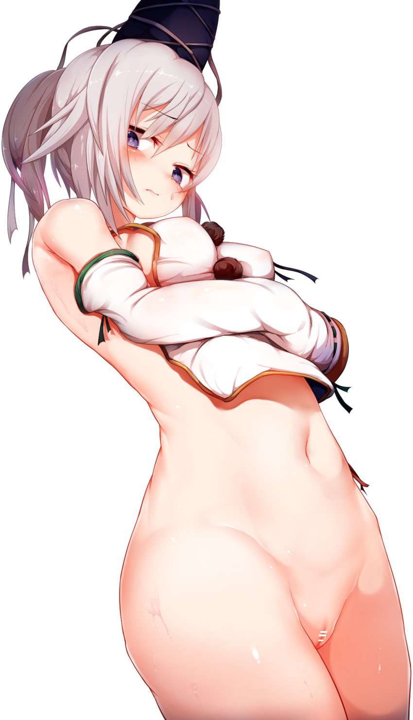 arm_under_breasts bangs bar_censor blush bottomless breasts censored closed_mouth commentary_request detached_sleeves eyebrows_visible_through_hair female hagure_kedama hat highres japanese_clothes legs_together long_sleeves medium_breasts mononobe_no_futo navel ponytail purple_eyes pussy shirt short_hair silver_hair simple_background solo sweat tate_eboshi touhou white_background white_shirt wide_sleeves