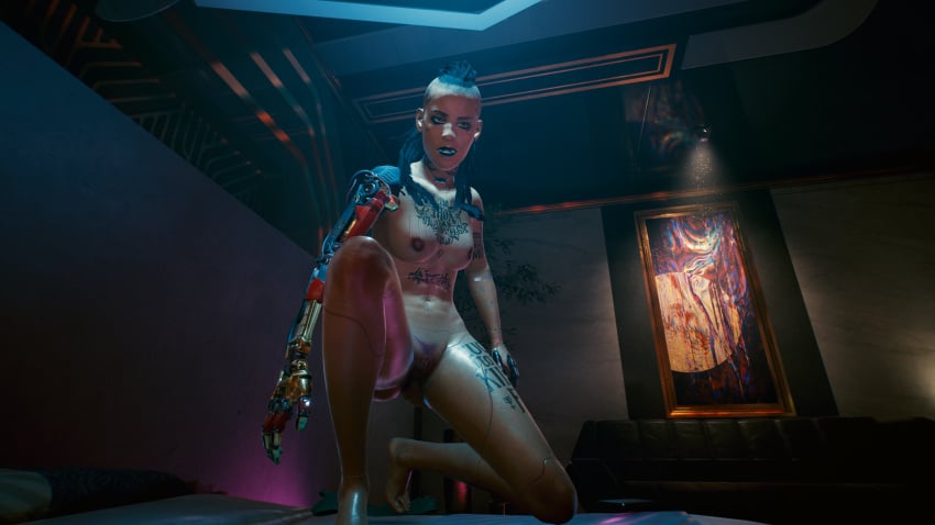 1girls 2021 body_writing cgi cyberpunk_2077 female shaved_sides solo_female text vagina video_games