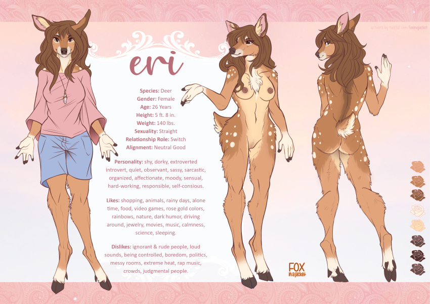 absurd_res anabel anthro ass bottomwear breasts brown_body brown_fur brown_hair cervid chest_tuft clothed clothing cloven_hooves english_text eri_(feral.) female fully_clothed fur genitals hair hi_res hooves mammal model_sheet nude pussy scut_tail short_tail shorts solo standing text tuft