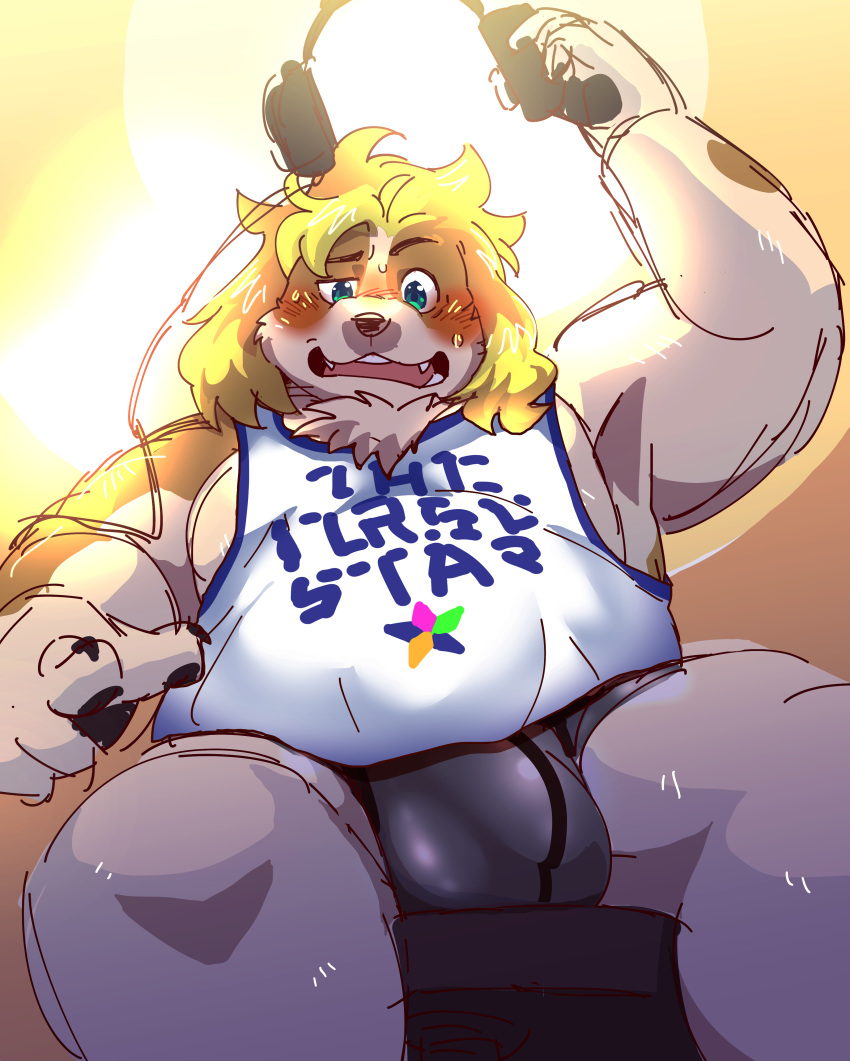 2021 absurd_res anthro blush bulge canid canine canis clothing domestic_dog headphones hi_res hisaki_(live_a_hero) kemono live-a-hero male mammal nikunabe1989 overweight overweight_anthro overweight_male shirt sitting solo topwear underwear video_games