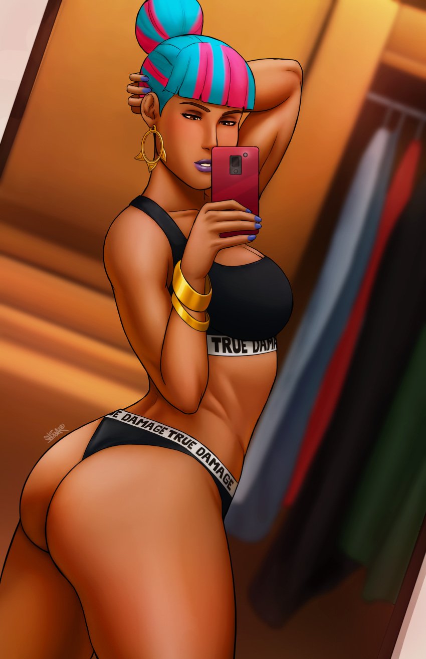 1girls 2020 alternate_costume aqua_hair ass athletic athletic_female bad_id bad_twitter_id busty butt dark-skinned_female dat_ass eyelashes female female_focus female_only fringe hair_bun hoop_earrings hourglass_figure league_of_legends long_hair mirror mirror_selfie naavs petite pink_hair pose posing presenting_ass purple_eyeshadow purple_lipstick qiyana_yunalai riot_games selfie solo teenager true_damage_qiyana true_damage_series two_tone_hair wide_hips yellow_eyes