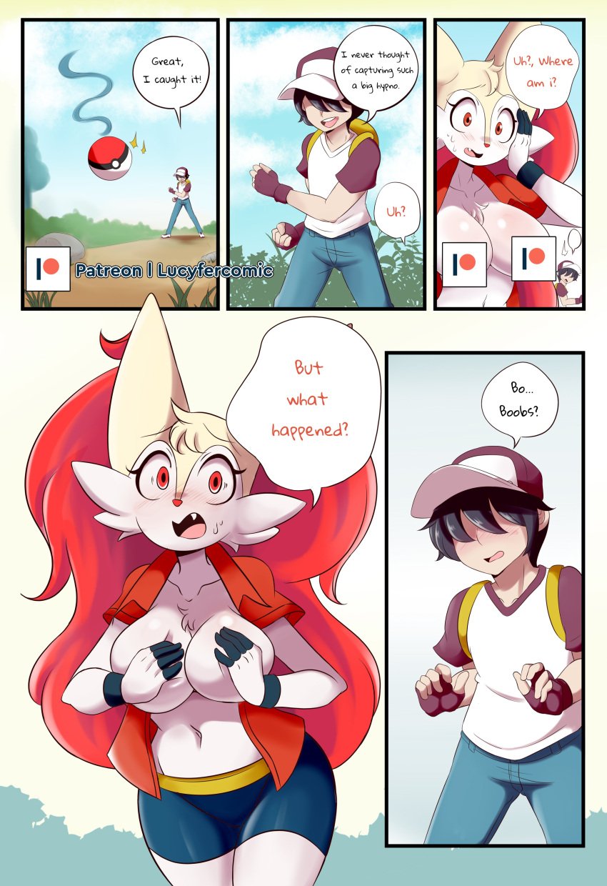 absurd_res anthro braixen bray_(lucyfercomic) breasts censored censored_breasts clothing confusion covered_breast duo english_text excited exposed_breasts female hair_over_eyes hat headgear headwear hi_res holding_breast human lucyfercomic male mammal nintendo nipple_censor patreon patreon_logo pokémon_(species) pokeball pokemon pokemon_(species) sparkles speech_bubble text video_games