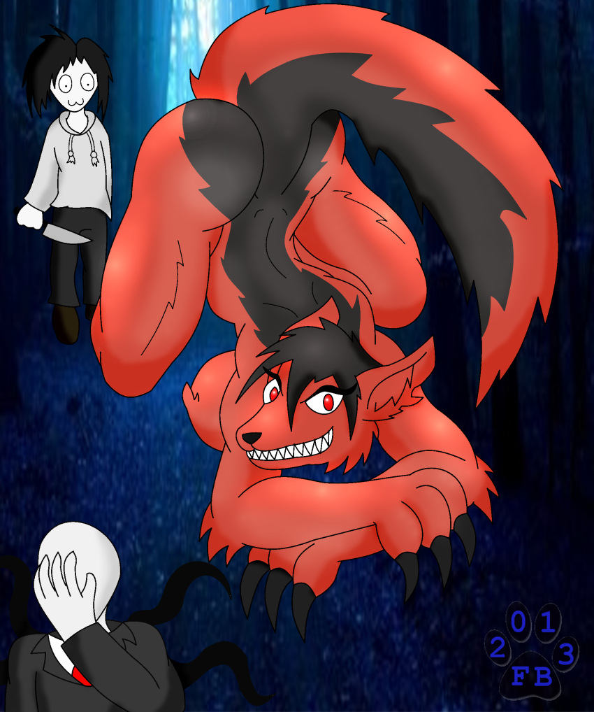 big_ass black_hair canine creepypasta dog_ears facepalm female fur furry jeff_the_killer looking_at_viewer lying male mammal mammal_humanoid slenderman smile smile.dog spread_legs tail zinzoa