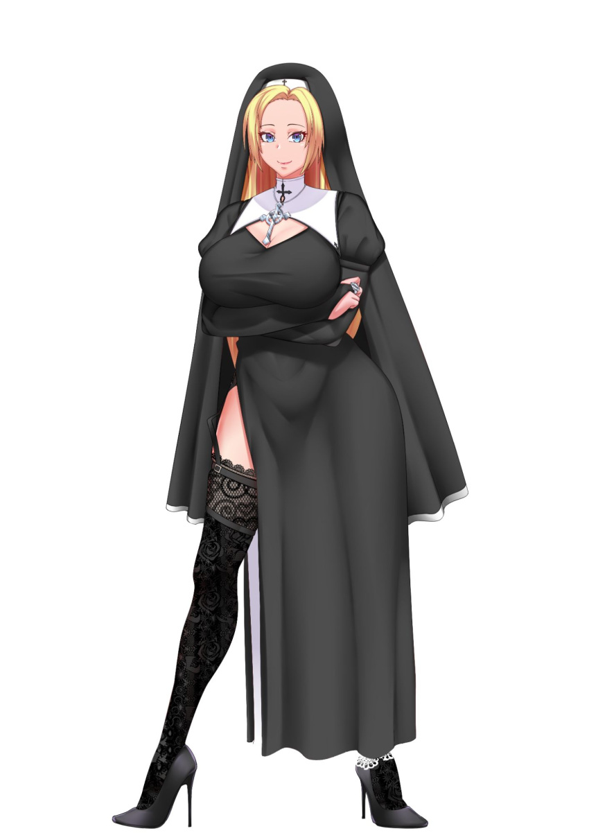 1girls black_dress blonde blonde_female blonde_hair blue_eyes bridal_gauntlets cleavage cross crossed_arms curvy dress dress_slit exposed_thighs high_heels light-skinned_female light_skin lingerie looking_at_viewer nun nun's_habit original_character puffy_sleeves ring solo thigh_slit thighhighs voluptuous voluptuous_female