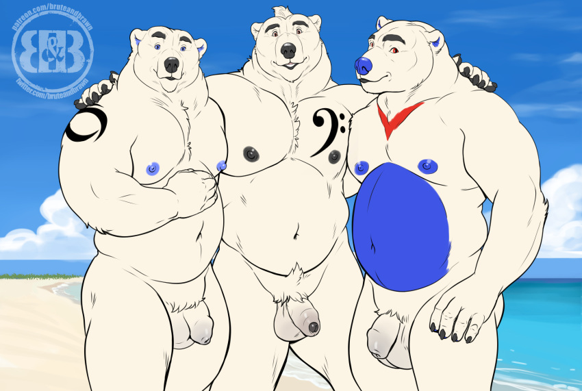 2021 anthro arm_around_shoulders balls barazoku beach belly biped black_body black_fur black_glans black_nipples black_nose blue_body blue_eyes blue_fur blue_nipples blue_nose blue_sky body_hair brown_eyes bruteandbrawn chest_hair claws cloud digital_media_(artwork) flaccid foreskin fur genitals glans grin group hair hi_res humanoid_genitalia humanoid_penis looking_at_viewer male mammal markings monotone_body monotone_fur multicolored_body multicolored_fur musclegut navel nipples nude overweight overweight_anthro overweight_male pecs penis polar_bear pubes red_body red_eyes red_fur sand sea seaside sky smile standing two_tone_body two_tone_fur uncut unretracted_foreskin ursid ursine water watermark white_body white_fur white_hair white_penis