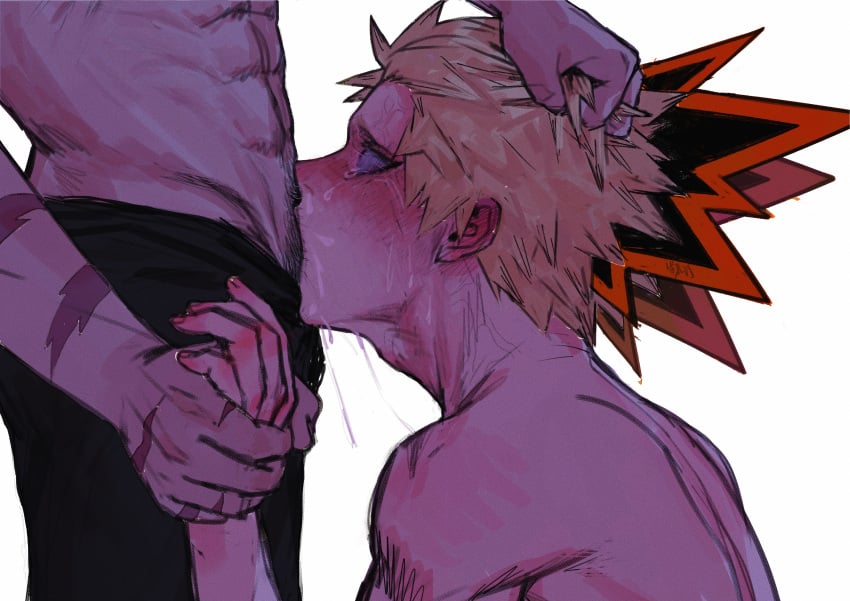 2boys abs absurdres black_pants blonde_hair blush hair_ornament hand_up highres huge_filesize irrumatio izuku_midoriya katsuki_bakugou male_focus male_pubic_hair multiple_boys my_hero_academia oral pants penis profile pubic_hair saliva scar_on_arm shirtless short_hair simple_background spiked_hair tears upper_body wengwengchim white_background wide-eyed yaoi