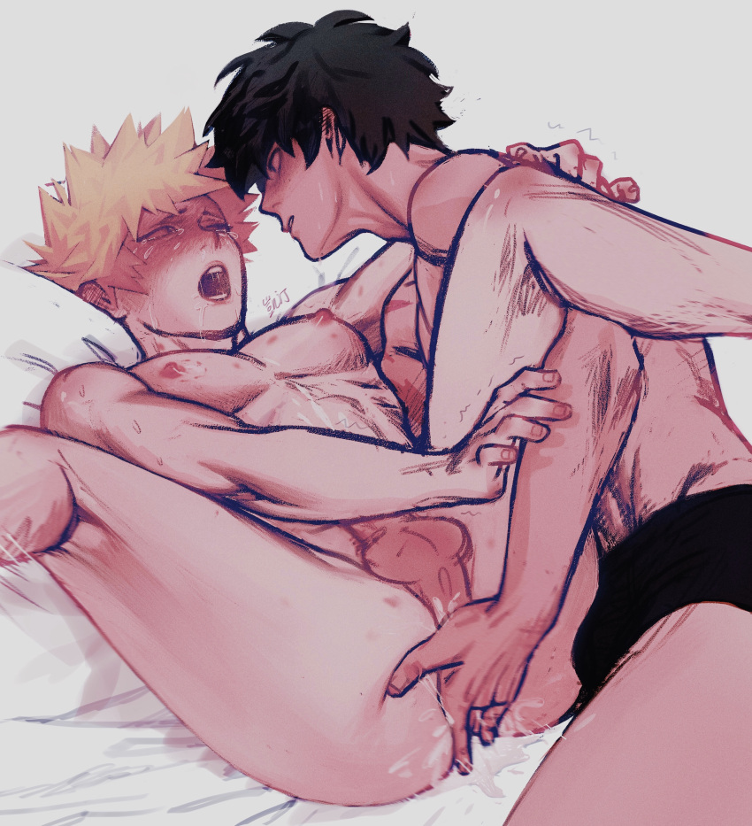 2boys absurdres anal anal_fingering anal_fluid bangs bite_mark black_hair black_underwear blonde_hair blush completely_nude erect_nipples erection eye_contact feet_out_of_frame finger_fuck fingering gay grey_background hickeys highres izuku_midoriya katsuki_bakugou legs_up looking_at_another looking_at_viewer lying male male_focus male_only multiple_boys my_hero_academia nipples nude on_back open_mouth parted_lips pectorals penis profile saliva shirtless short_hair spiked_hair spread_legs testicles wengwengchim yaoi