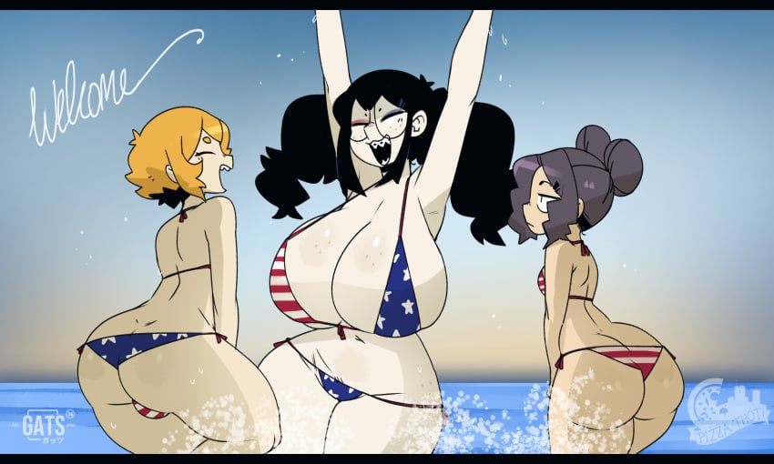 1boy 2girls american_flag american_flag_bikini ass ass_cleavage big_ass big_breasts boss_(gats) bottom_heavy bottom_heavy_femboy breasts bulge butt_crack female femboy gats huge_breasts male narrow_shoulders ocean original original_character original_characters pineapple_(gats) pizza_thot thick_thighs tips_(gats) wide_hips