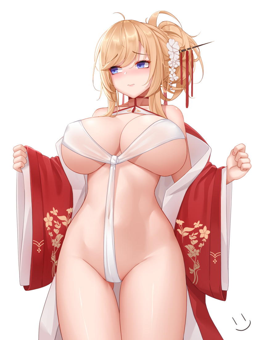 1girls 2d azur_lane blonde_hair blue_eyes breasts embarrassed female female_only glorious_(azur_lane) glorious_(pungent_plum)_(azur_lane) hair_ornament light-skinned_female light_skin looking_away naked naked_ribbon nipple_bulge nipples nipples_visible_through_clothing open_yukata pale-skinned_female pale_skin pink_nipples red_yukata ribbon royal_navy_(azur_lane) see-through simple_background solid_color_background solo watermark wei_xiao white_background white_ribbon yukata