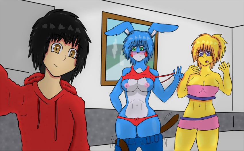 1boy 2girls anthro black_hair blue_hair brown_eyes bunny_girl clothed_male_nude_female five_nights_at_freddy's five_nights_in_anime fnialover84 green_eyes no_bra panties pants_down rabbit_girl red_panties scared selfie shirt_up toy_bonnie_(fnaf) toy_chica_(fnaf) yellow_hair