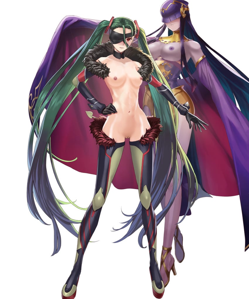 2girls biggitybiggitybig cape edit fire_emblem fire_emblem_heroes green_hair kiria_kurono large_breasts looking_at_viewer medium_breasts nintendo nipples nude nude_female nude_filter pussy red_eyes tharja_(tms#fe) tokyo_mirage_sessions_#fe transparent_background twintails very_long_hair