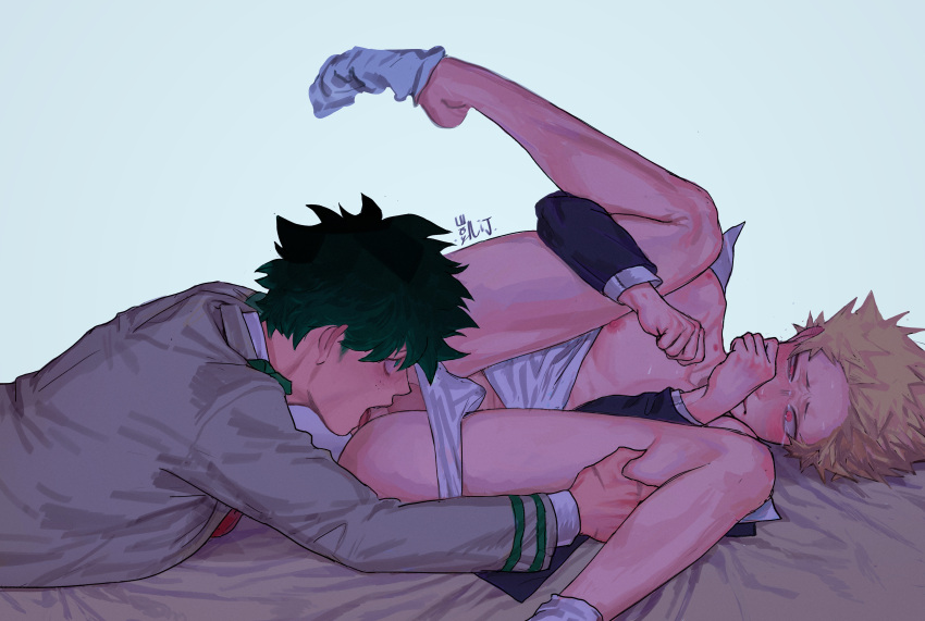 2boys absurdres anilingus black_jacket blonde_hair blue_eye buttmunch erect_nipple erection_under_clothes exposed_nipple green_background green_hair grey_jacket half-closed_eye highres huge_filesize izuku_midoriya jacket katsuki_bakugou knees_up licking lying male_focus male_underwear multiple_boys my_hero_academia nipples on_bed on_side open_shirt orange_eye partially_removed_sock school_uniform shirt short_hair socks spiked_hair tears tongue tongue_fucking tongue_out translation_request u.a._school_uniform underwear underwear_down wengwengchim white_legwear white_shirt white_underwear yaoi