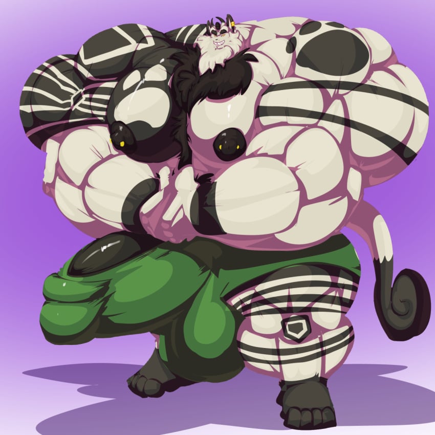 2020 4_toes anthro balls big_balls big_muscles big_pecs big_penis black_nipples black_penis bobert boxers_(clothing) clothed clothing earpiece erection feet fur galarian_meowth genitals gradient_background grin hi_res huge_balls huge_cock huge_muscles huge_pecs hyper hyper_balls hyper_genitalia hyper_muscles hyper_penis male meowth multicolored_body multicolored_fur muscular muscular_anthro muscular_male nintendo nipple_piercing nipples pawprint_motif pecs penis piercing plantigrade pokémon_(species) pokémorph pokemon regional_form_(pokémon) scrufer simple_background smile solo standing toes underwear underwear_only video_games