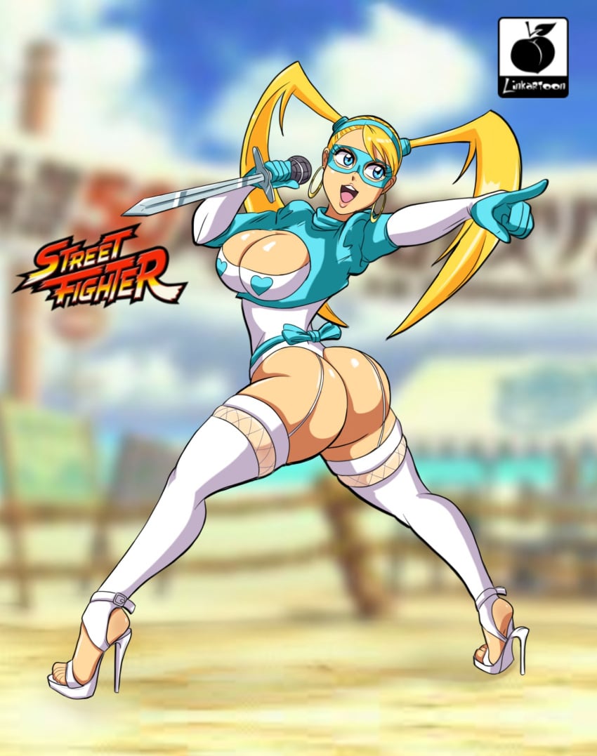 1girls alternate_costume artist_name ass blonde_hair blue_eyes breasts bubble_ass bubble_butt busty capcom cleavage cosplay ear_piercing earrings eyelashes heels high_heels large_ass large_breasts legs linkartoon lips mask microphone nier:_automata open_toe_shoes piercing rainbow_mika shiny_hair shiny_skin stiletto_heels street_fighter sword thighs very_high_heels voluptuous watermark weapon wrestler yorha_2b_(cosplay)