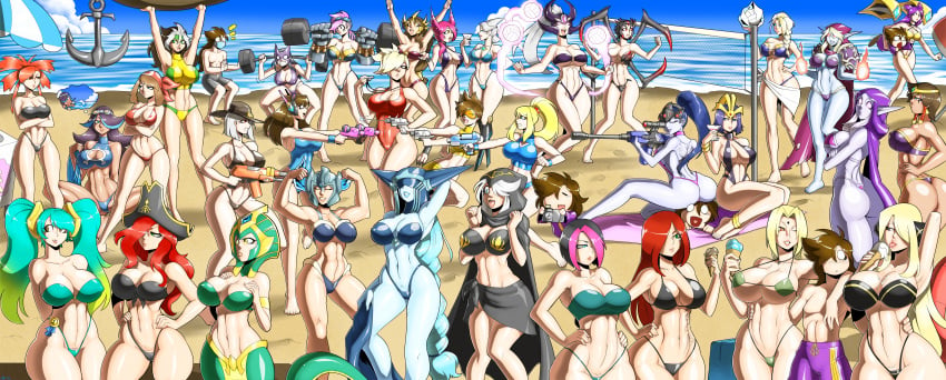 1boy 2d 33girls 6+girls anchor arms_crossed arms_crossed_under_breasts ashe_(league_of_legends) ashe_(overwatch) beach beach_towel beach_umbrella beach_volleyball big_breasts bikini bikini_bottom bikini_top blizzard_entertainment blonde_hair blue_hair breasts camille_ferros cassiopeia_du_couteau cleavage covered_eyes crossover curvy cynthia_(pokemon) d.va elise_kythera_zaavan female_only fiora_laurent flat_belly flexing game_freak hands_on_breasts hands_on_hips hourglass_figure ice_cream jaina_proudmoore kai'sa karma_(league_of_legends) katarina_du_couteau lamia large_breasts league_of_legends leblanc leona_(league_of_legends) lifeguard lissandra mad-project marvel marvel_comics mercy metroid miss_fortune multiple_girls muscular_female naruto nintendo open_mouth overwatch pale_skin pink_hair pokemon purple_hair purple_skin red_hair riot_games rogue_(x-men) samus_aran sejuani sona_buvelle standing sylvanas_windrunner syndra tattoo thick_thighs thong tracer tsunade vi volleyball weightlifting weights white_hair wide_hips widowmaker world_of_warcraft x-men xayah