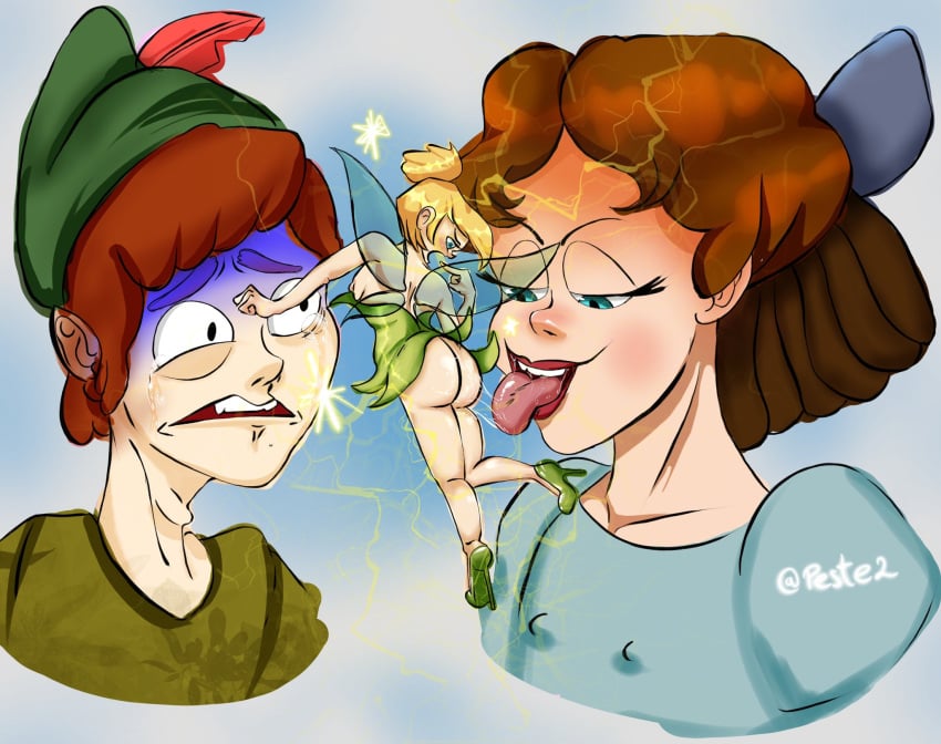 blonde_hair brown_hair crying disney dress dress_lift drool drooling elpeste fairy fairy_wings high_heels multiple_girls nipples no_panties peter_pan_(character) peter_pan_(disney) tinker_bell tongue_out upset wendy_darling what