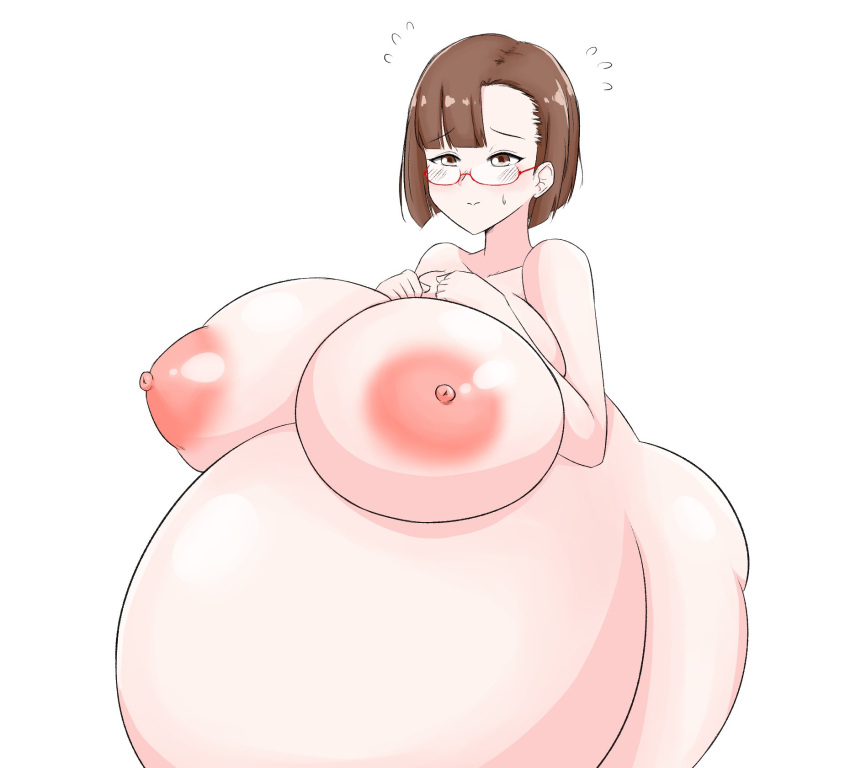 1girls areolae big_breasts blush breasts brown_hair female female_only glasses huge_belly hyper_belly hyper_pregnancy large_breasts nipples nyaneko pregnant ready_to_pop short_hair white_background