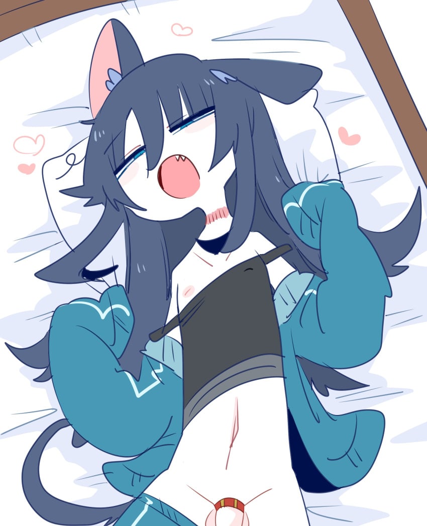 black_hair blue_eyes cat_ears cat_tail catboy chibi cock_ring cute ear_tuft eyes_half_open fangs femboy girly happy heart hoodie nekomimi nipple nipple_slip oerba_yun_fang on_bed op_u_na solo tail trap uncensored zense-kun