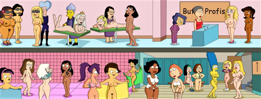 accurate_art_style age_difference american_dad amy_wong ass barbara_pewterschmidt becky_arangino beverly_manderbelt big_boob_june bonnie_swanson breasts connie_d'amico crash_canyon creek_12 crossover disenchantment donna_tubbs family_guy female female_only francine_smith frida_dominguez futurama hayley_smith jillian_russell-wilcox linda_memari lisa_silver lois_griffin marge_simpson meg_griffin milf mrs._mcgurck multiple_girls nipples nude older_female princess_tiabeanie queen_dagmar red_lipstick roberta_tubbs roxy_wendell shaved_pussy sheila_wendеll teenager the_cleveland_show the_simpsons thighs towel turanga_leela