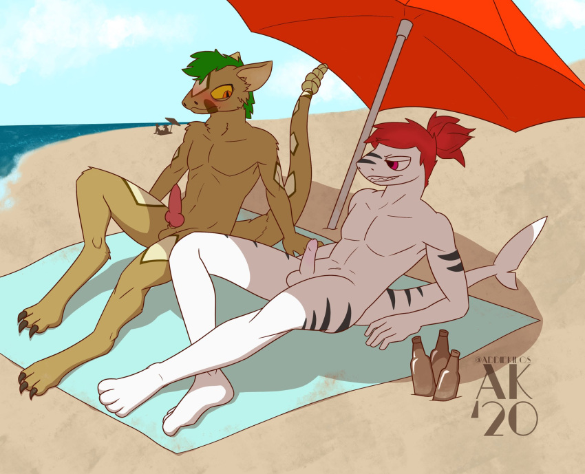 addiekilos alcohol anthro beach beer beverage blush duo fish genitals hair hi_res humanoid_genitalia humanoid_penis male male/male marine nervous penis pit_viper rattlesnake red_hair relaxing reptile scalie seaside shark snake