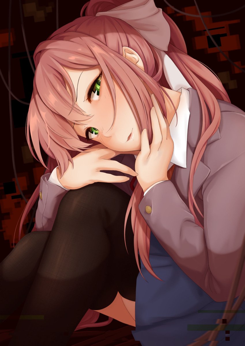 1girls accessory black_legwear black_thighhighs blush brown_hair doki_doki_literature_club female female_only green_eyes hair_accessory hair_bow hair_ornament legwear light-skinned light-skinned_female light_skin long_hair long_sleeves looking_at_viewer monika_(doki_doki_literature_club) not_porn pleated_skirt ponytail safe safe_for_work school_uniform sfw sitting skirt solo solo_female thighhighs tied_hair white_hair_bow white_hair_ornament