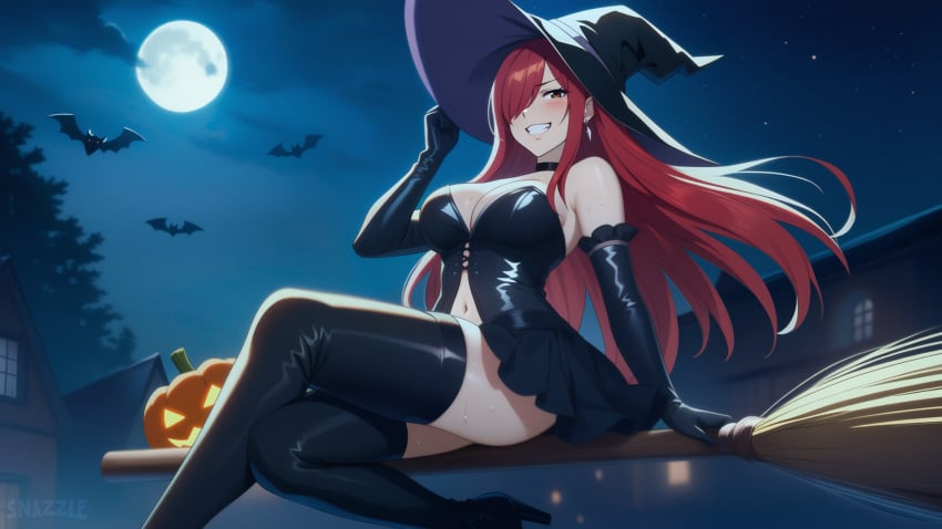 1girls ai_generated bare_shoulders bat_(animal) black_legwear blush boots breasts broom broom_riding brown_eyes choker cleavage crossed_legs earrings elbow_gloves erza_scarlet fairy_tail flying full_moon grin hair_over_one_eye halloween_costume hand_on_headwear high_heel_boots large_breasts long_hair looking_at_viewer midriff_peek navel night night_sky outdoors parted_lips pumpkin red_hair side_saddle_position sidelock sitting skirt sleeveless smile smug snazzdaz snazzle solo solo_focus stable_diffusion teeth thigh_boots wallpaper watermark witch witch_hat