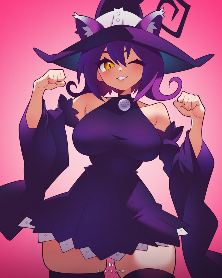 big_breasts blair_(soul_eater) breasts cat_ears cat_tails catgirl dress female female_only flipherrrr kemonomimi large_breasts light-skinned_female long_hair purple_hair slim_waist soul_eater tagme thick_thighs wide_hips witch witch_hat yellow_eyes