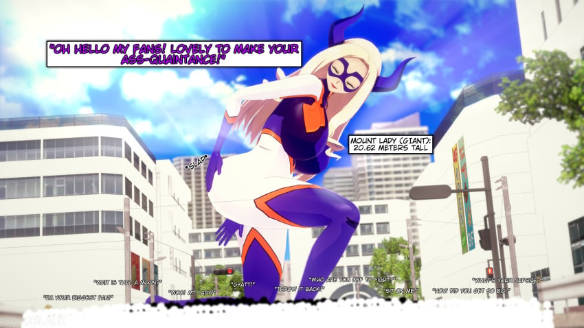 3d big_ass big_breasts city crowd crowd_watching giantess koikatsu mount_lady my_hero_academia showing_ass showing_off size_difference text text_box yuu_takeyama