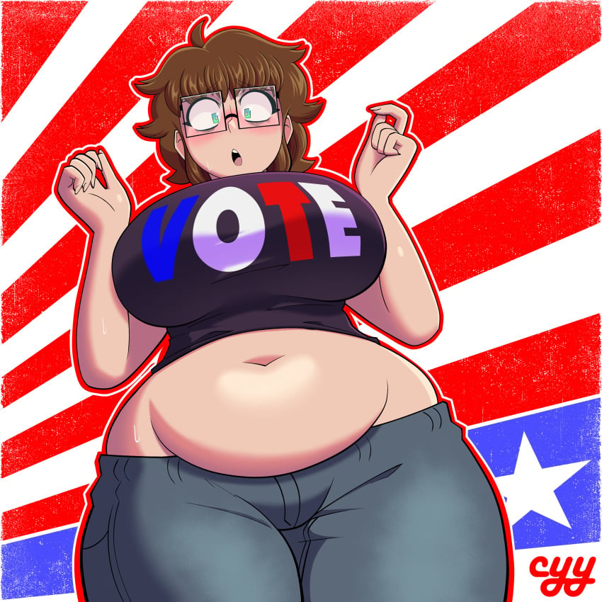 1girls american_flag bbw big_breasts breasts brown_hair cyyfapse cyynapse ellie_(paladin) fat_breasts glasses hourglass_figure huge_breasts jeans large_breasts midriff nerd politics square_glasses tummy_squish