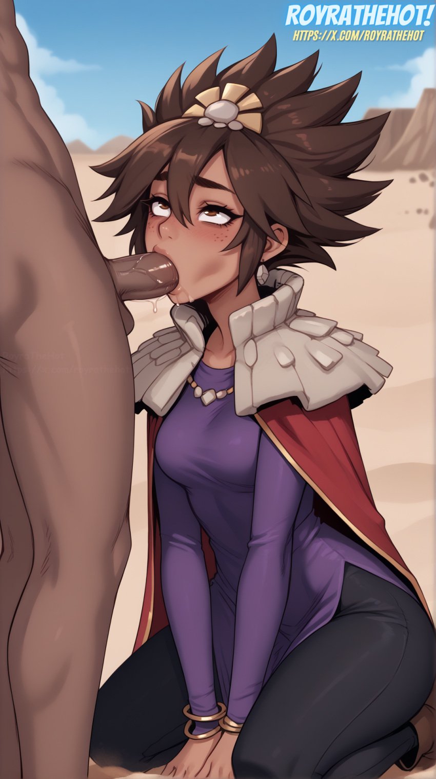 ai_generated brown_eyes brown_hair clothed dark-skinned_female dark_skin dark_skinned_male desert fellatio league_of_legends looking_at_another royrathehot taliyah