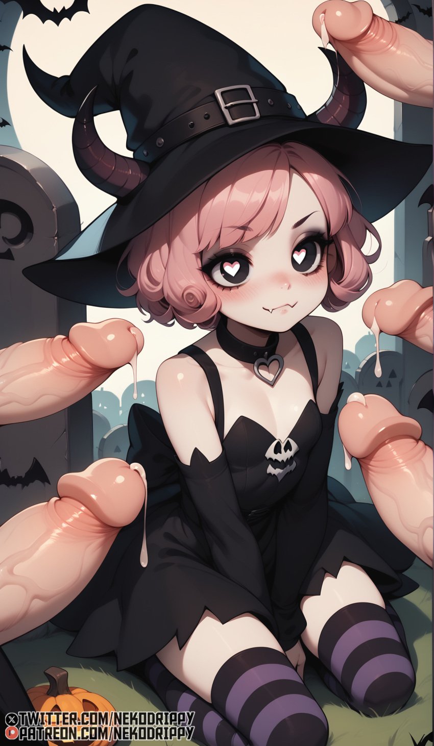 2024 ai_generated black_eyes blush bukkake dress dripping_cum graveyard halloween heart-shaped_pupils highres horns imminent_rape kneeling nekodrippy oc pink_hair smiling stable_diffusion striped_legwear succubus surrounded_by_penises witch_hat