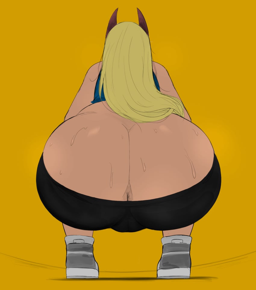 androjuniarto anus_peek ass_focus big_ass blonde_female blonde_hair blonde_hair_female chainsaw_man color color_edit colored pov_ass power_(chainsaw_man) shorts simple_background squatting sweaty sweaty_butt