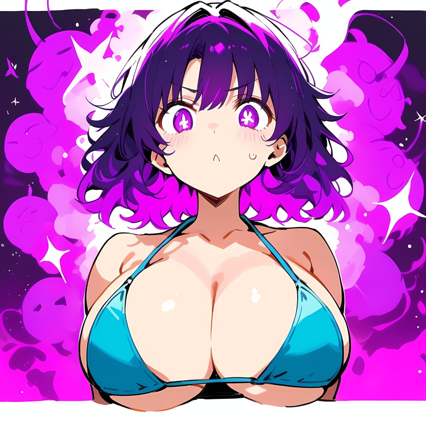 ai_generated big_breasts bikini_bra bikini_top blush looking_at_viewer pink_eyes purple_hair solo