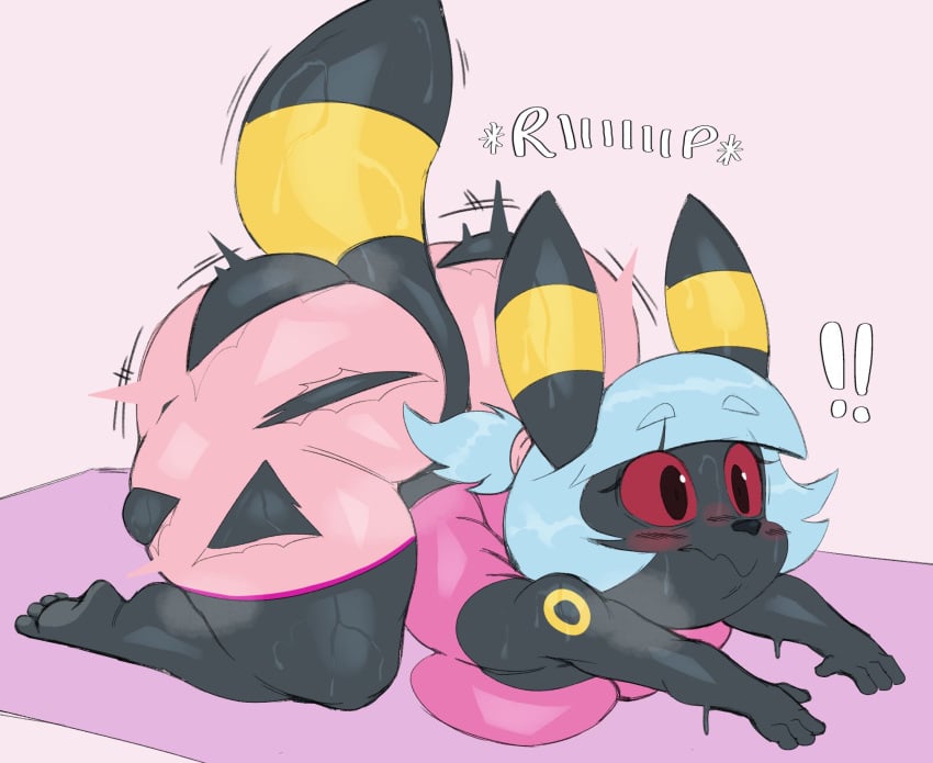 2023 anthro ass ass bent_over big_breasts big_butt black_body black_eyes blue_hair blush bodily_fluids bottomwear breasts clothing delilah_(tpot) digital_media_(artwork) eeveelution english_text exclamation_point female generation_2_pokemon hair hi_res huge_butt kneeling nintendo onomatopoeia pokemon pokemon_(species) ponytail purple_yoshi_draws red_sclera shirt shorts solo sound_effects stretching sweat sweaty_butt tail text thick_thighs topwear torn_clothing umbreon wardrobe_malfunction yoga_mat