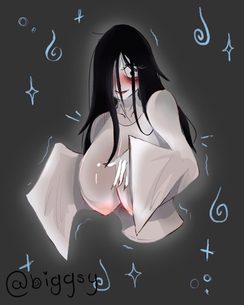 1female 1girl 1girls 2024 2d 2d_(artwork) areolae areolae_visible_through_clothing big_breasts big_cleavage biggsy black_eyes black_hair black_nails blush blushing blushing_female breasts breasts_bigger_than_head breasts_out busty busty_female cleavage curvy curvy_body curvy_female curvy_figure digital_drawing_(artwork) digital_media_(artwork) dress fat_breasts female female_focus female_only ghost ghost_girl green_skin grey_background grey_body hair_covering_eye hair_over_one_eye halloween hi_res high_resolution highres horny horny_female horror horror_(theme) huge_breasts huge_cleavage humanoid large_breasts long_black_hair long_fingernails long_hair massive_breasts nipples nipples_visible_through_clothing no_sex pale-skinned_female pale_skin seductive seductive_body seductive_look shiny simple_background smile smiling solo solo_female solo_focus spirit straight_hair the_ring transparent_clothing voluptuous voluptuous_female watermark white_body white_skin yamamura_sadako