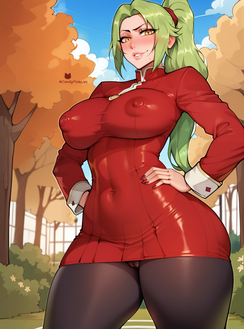 ai_generated autumn big_breasts big_nipples black_thighhighs bleach cameltoe candypinklips erect_nipples green_hair hands_on_hips hips looking_at_viewer nail_polish nelliel_tu_odelschwanck ponytail puffy_breasts puffy_nipples red_dress red_nail_polish standing thick_ass thick_legs yellow_eyes